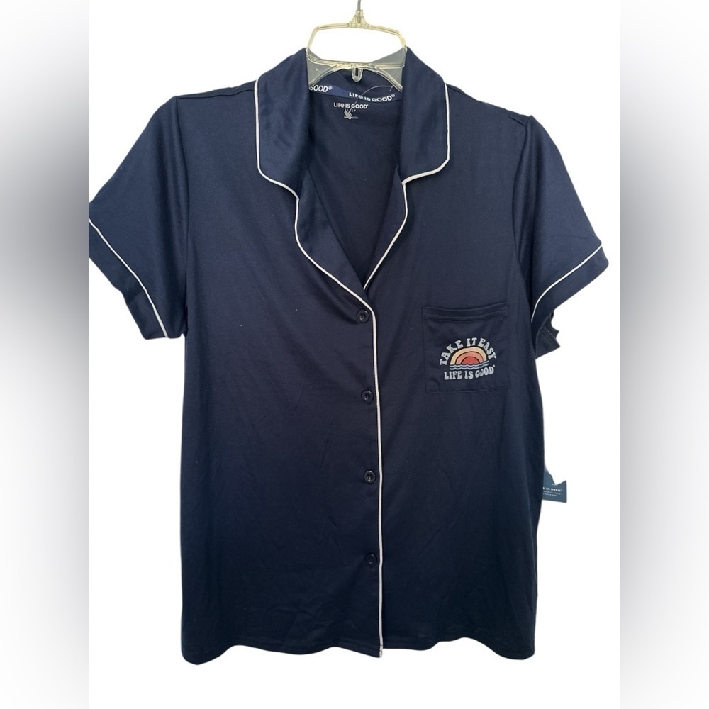 Life is Good Navy Button-Up short sleeve pajama top NWT